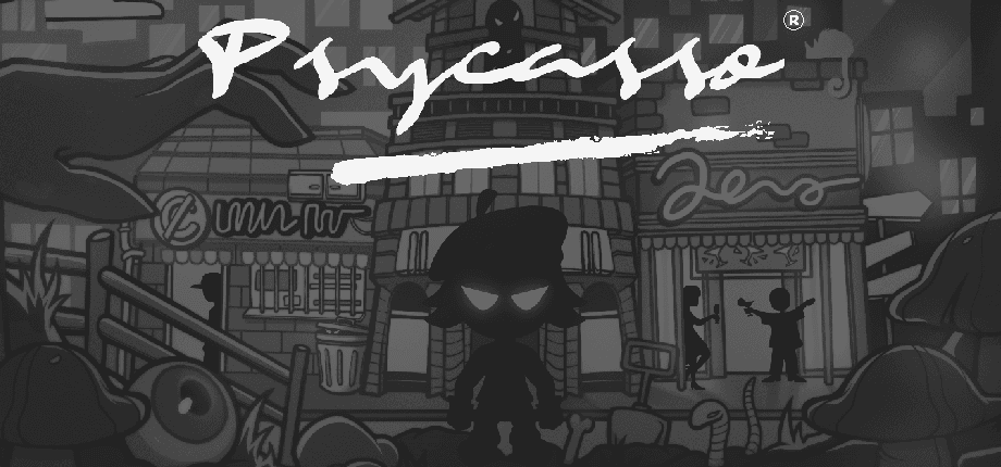 Psycasso® Schlüsselgrafik, mit einer bedrohlichen Figur, die vor einer Stadtlandschaft bei Nacht umreißt, und die Kunst des Spiels im Stil einer Künstlerunterschrift.