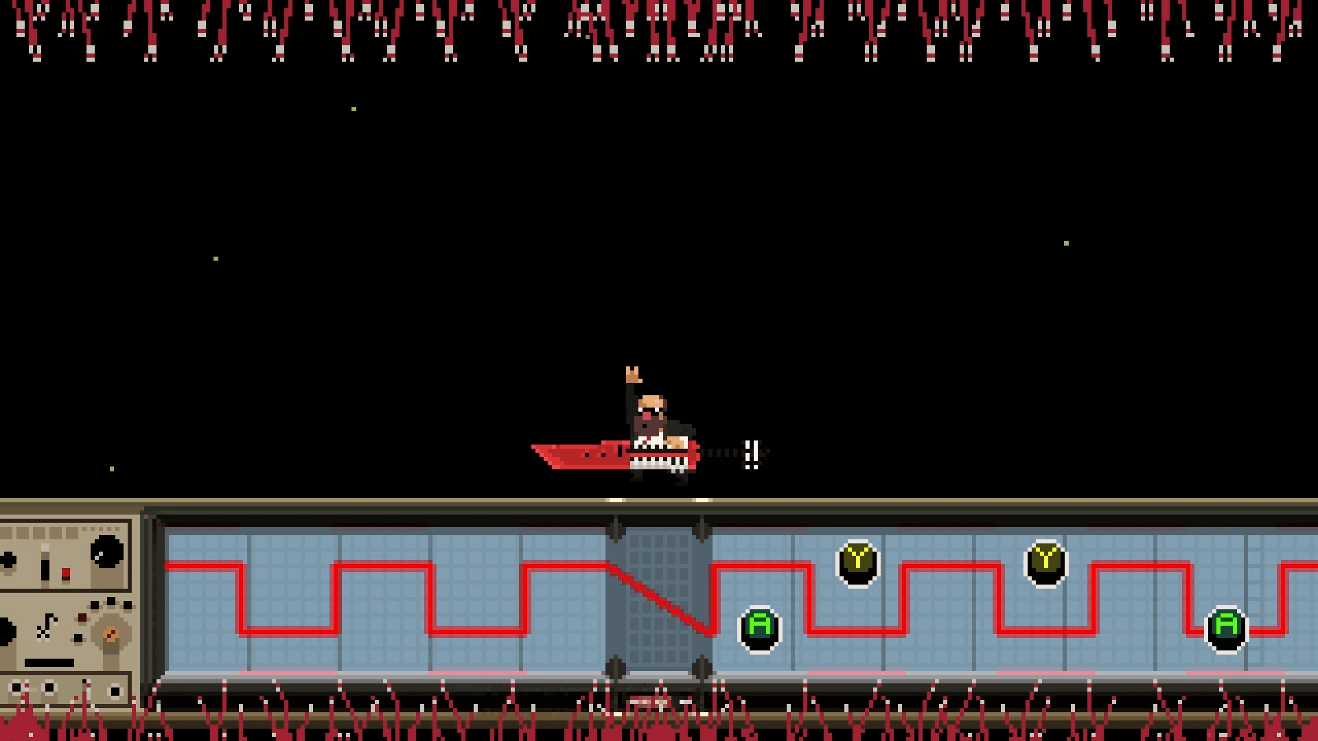 Screenshot von Fretless: Wrath of Riffson von Ritual Studios | Hergestellt mit Unity. Eine Pixelkunstfigur, die eine rote Gitarre hält und eine "hörnerhand"-Geste macht. Unten ist ein Modulator, der eine Eingabesequenz zeigt.