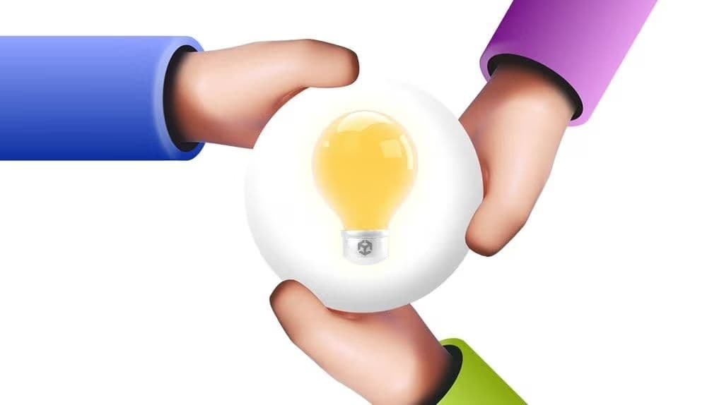 Three hands holding a light bulb