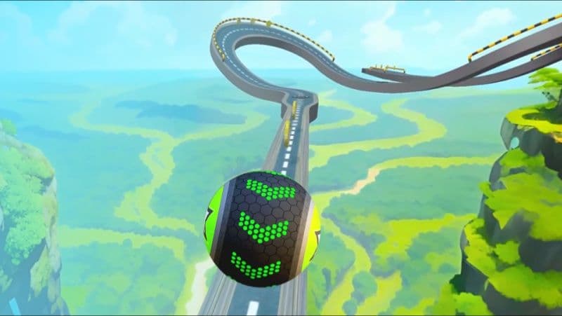 경치 좋은 풍경을 가로지르는 소용돌이치는 고속도로를 가로지르는 동그란 공의 이동을 보여주는 3D 게임 스크린샷