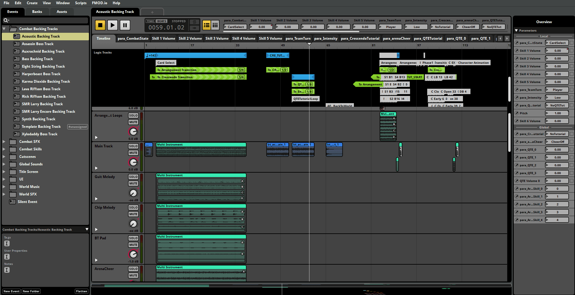 Screenshot des FMOD für Unity UI, der den FMOD-Track für Fretless zeigt: Die Kampfmusik von Wrath of Riffson