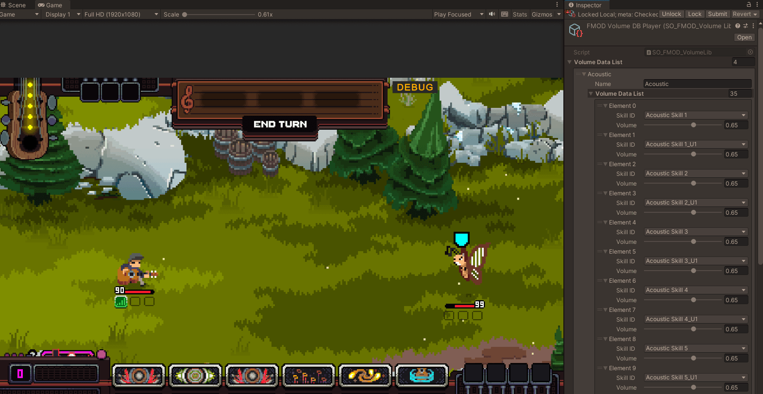 Screenshot von Fretless: Wrath of Riffson im Unity-Editor. Dieses ScriptableObject-Mischwerkzeug ermöglicht eine einfache Anpassung der Lautstärke von Programmerevents im Spielmodus.