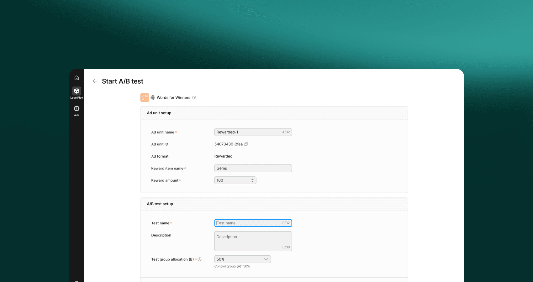 Start A/B test in platform