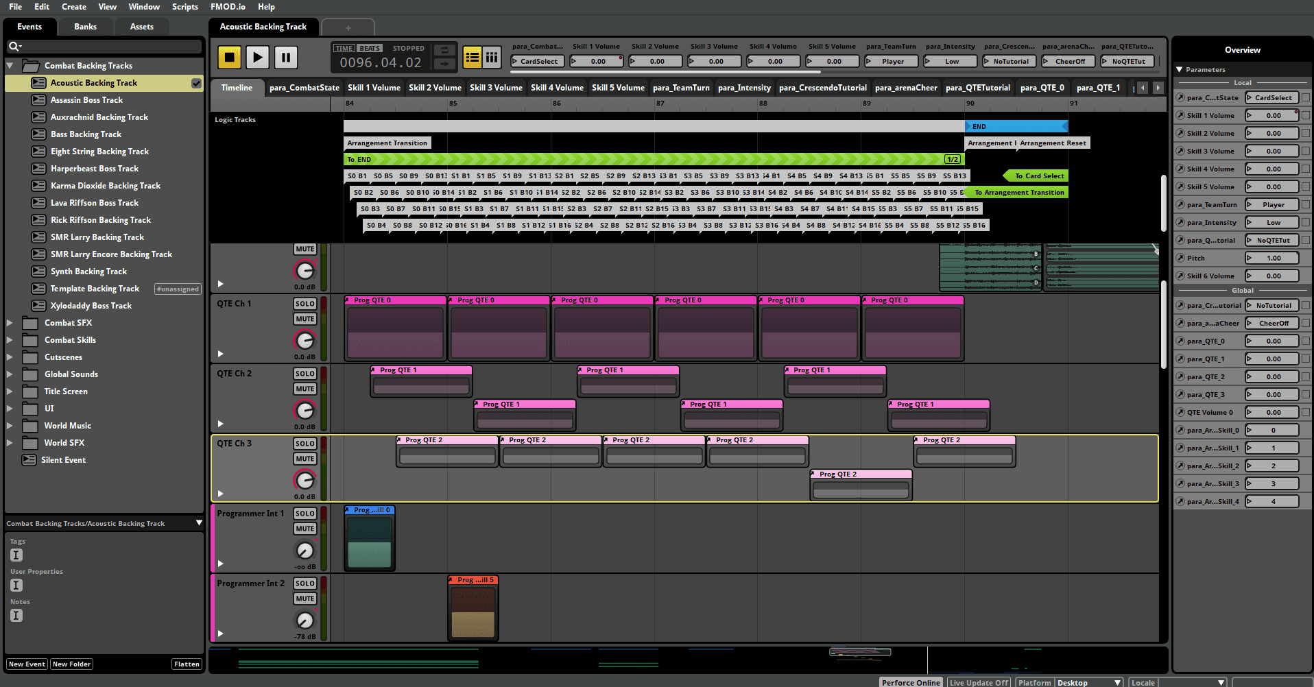 Screenshot des FMOD für Unity UI, der FMOD-Marker für die akustische Kampfmusik zeigt (mit entfernten Markerlinien)