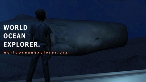 These promotional images highlight educational digital platforms: the SmallTalk app, which uses a 3D animated character named Oscar to teach American Sign Language through interactive quizzes, and the World Ocean Explorer, which provides a free 3D virtual immersion module for classrooms that allows students to observe deep-sea life like sperm whales.