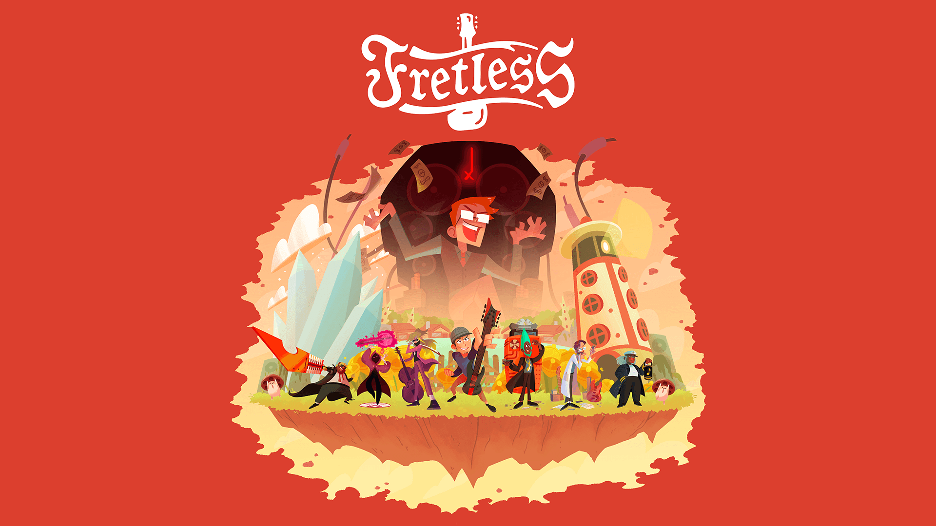 Fretless: Wrath of Riffson Schlüsselkunst. Mehrere Charaktere reihten sich in einer Reihe unter einem kichernden Mann mit Brille auf. Der Hintergrund ist rot und der Spieltitel "Fretless" steht oben.